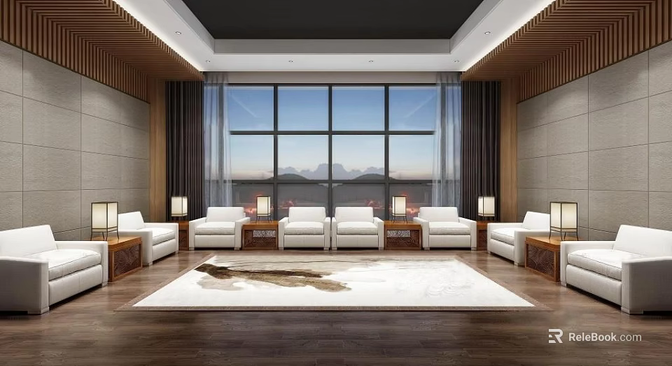 Conference Room Interior With Large Windows Mountain View Wooden Decor White Sofas Rug Table Lamps 3d model 