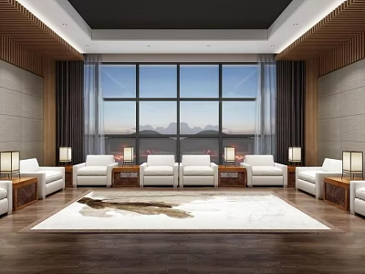 Conference Room Interior With Large Windows Mountain View Wooden Decor White Sofas Rug Table Lamps 3d model