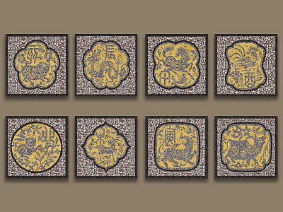 Traditional Garden Ornaments With Square Tiles And Animal Patterns In Yellow Blue 3d model