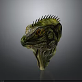 Artistic Green Yellow Lizard Head with Red Eyes Spiky Details and White Spots