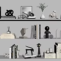Modern Decorative Ornament Set On Shelves With Books Plants And Sculptures