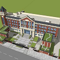 Classical Style Office Building With Red Brick Exterior And Clock Tower Design 3d model