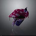 Purple Butterfly Perched on Pink Mushroom with White Spots and Purple Base