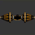 Twin Pointed Metal Weapon With Orange Black Accents And Mechanical Components