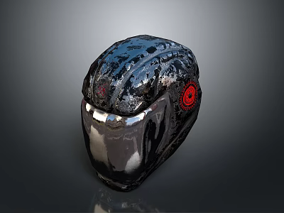 Futuristic Weapon Helmet Featuring Black Textured Surface And Red Decorative Accents 3d model