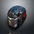 Futuristic Weapon Helmet Featuring Black Textured Surface And Red Decorative Accents