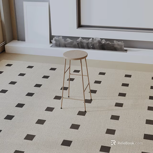 Stylish Wooden Bar Stool With Metal Legs In Modern Interior On Checkerboard Carpet 3d model 