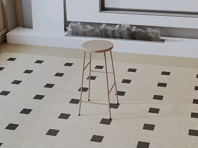 Stylish Wooden Bar Stool With Metal Legs In Modern Interior On Checkerboard Carpet 3d model