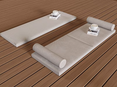 Two Beige Textured Mats On Wooden Floor With White Cups And Books 3d model