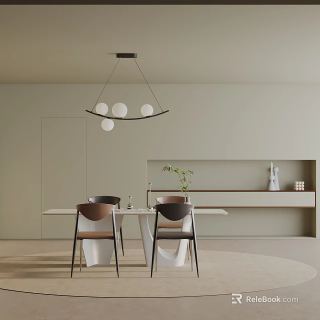 Modern Minimalist Dining Table Set With Hanging Pendant Light Wall Shelf And Green Plant Decor 3d model 