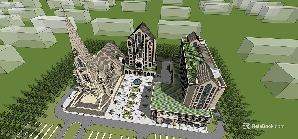 Ancient Architectural Complex With Historic Spire Buildings Courtyard Greenery And Traditional Design 3d model 