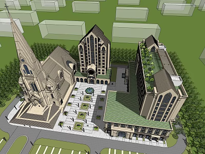 Ancient Architectural Complex With Historic Spire Buildings Courtyard Greenery And Traditional Design 3d model