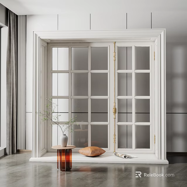 Elegant Bay Window Design With White Frame Cushion And Potted Plant 3d model 