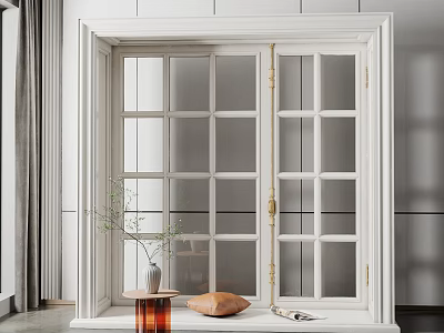 Elegant Bay Window Design With White Frame Cushion And Potted Plant 3d model