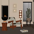 Wooden Arm Accent Chair in Modern Living Room with Fireplace Framed Art and Cactus