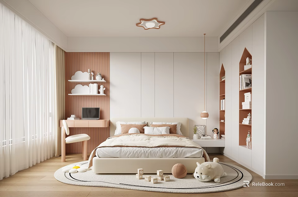 Modern Kids Bedroom With Bed Bookshelves Study Desk And Plush Toy 3d model 