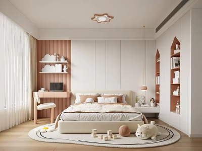 Modern Kids Bedroom With Bed Bookshelves Study Desk And Plush Toy 3d model