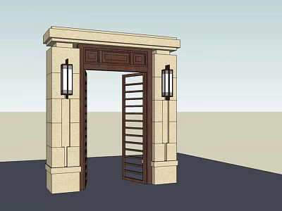 Traditional Wooden Entrance Gate With Stone Pillars Wall Lamps And Grille Design 3d model
