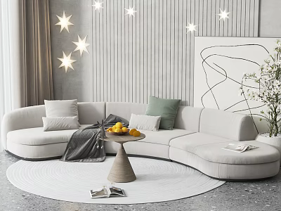Modern Living Room With Curved Sectional Sofa Green Gray Pillows Star Lights And Abstract Painting 3d model