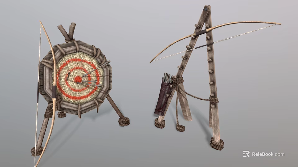 Traditional Archery Sports Equipment Featuring Wooden Bow Target and Quiver with Arrows 3d model 