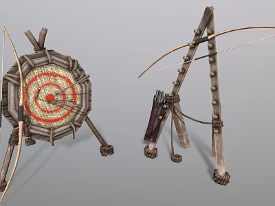 Traditional Archery Sports Equipment Featuring Wooden Bow Target and Quiver with Arrows 3d model