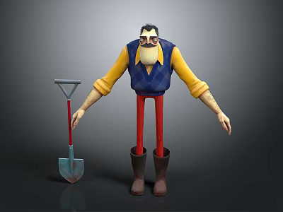 Cartoon Farmer Character Figure With Yellow Shirt Blue Vest Red Pants Brown Boots And Shovel 3d model