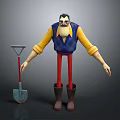Cartoon Farmer Character Figure With Yellow Shirt Blue Vest Red Pants Brown Boots And Shovel
