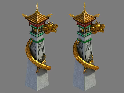 Traditional Chinese Tower with Golden Roof Green White and Golden Dragon Wrapped on Square Base 3d model