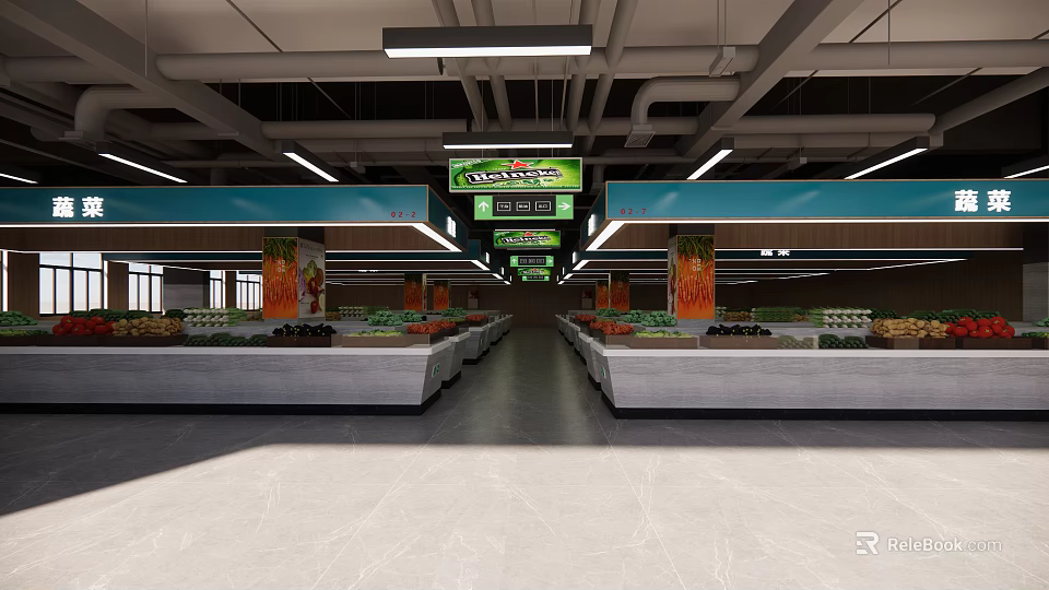 Supermarket Fresh Produce Aisle With Display Shelves Hanging Signage And Overhead Lighting 3d model 