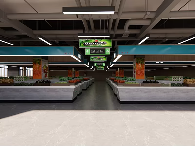 Supermarket Fresh Produce Aisle With Display Shelves Hanging Signage And Overhead Lighting 3d model