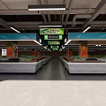 Supermarket Fresh Produce Aisle With Display Shelves Hanging Signage And Overhead Lighting