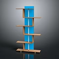 Modern Blue and Wooden Shelving Unit Featuring Multiple Tiered Shelves and Sleek Design