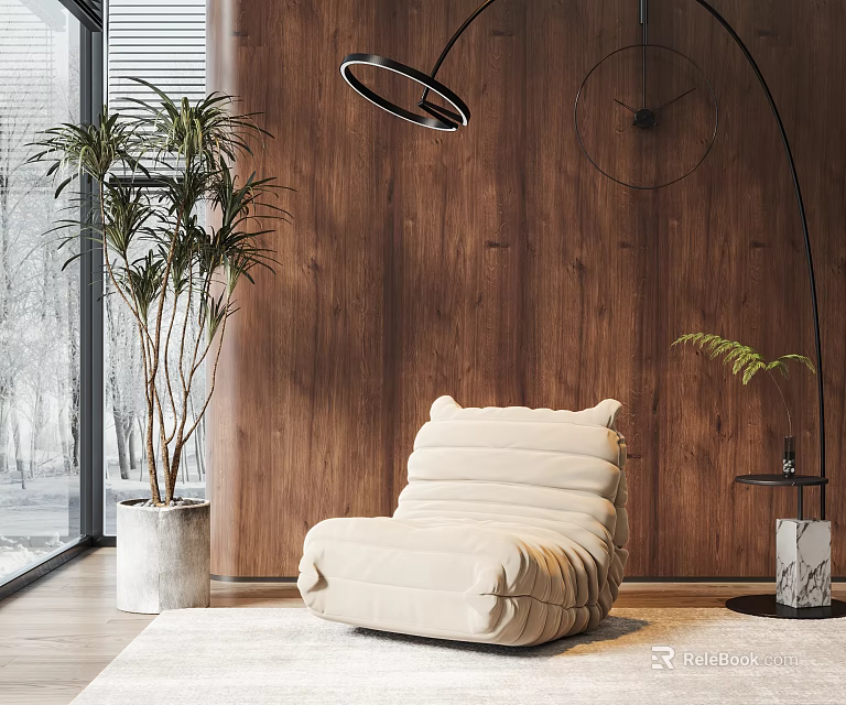 Cream Single Sofa With Soft Cushions Against Wooden Wall Green Plant Floor Lamp And Rug 3d model 