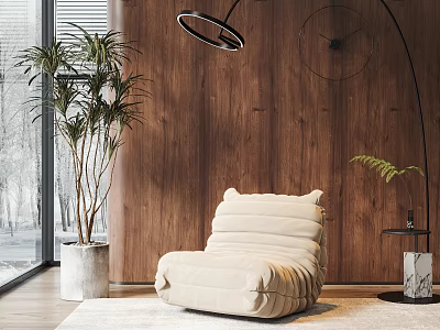 Cream Single Sofa With Soft Cushions Against Wooden Wall Green Plant Floor Lamp And Rug 3d model
