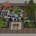 Serene Courtyard Garden with Cherry Blossom Trees Stone Path Lanterns and Wooden Accents