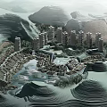 Aerial Planning of Mountainous Residential Community with Water Features Greenery and Buildings