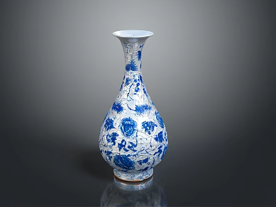 Traditional Blue And White Vase With Intricate Floral Sculpture Carving Design 3d model