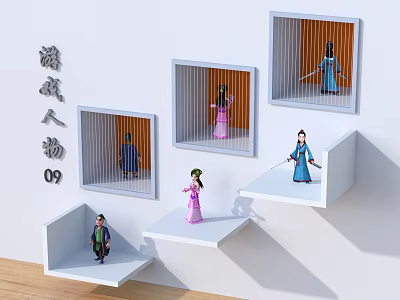 Chinese Style Game Movie Characters with Various Costumes Displayed on White Shelves Number 09 3d model