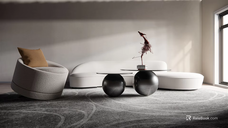 Modern White Curved Sofa and Black Metal Round Coffee Table Set With Decorative Sculpture On Carpet 3d model 
