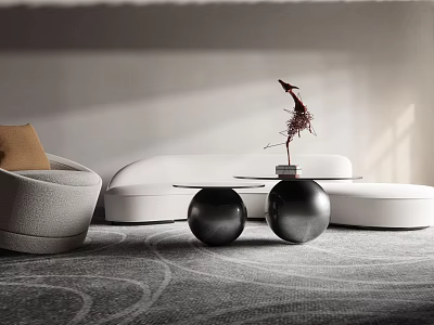 Modern White Curved Sofa and Black Metal Round Coffee Table Set With Decorative Sculpture On Carpet 3d model