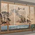 Wooden Window Blinds With Scenic View Outside And Potted Plant On Windowsill