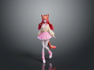 Kids Fox Eared Red Haired Doll With Pink Pleated Skirt White Stockings And Fox Tail 3d model