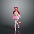 Kids Fox Eared Red Haired Doll With Pink Pleated Skirt White Stockings And Fox Tail