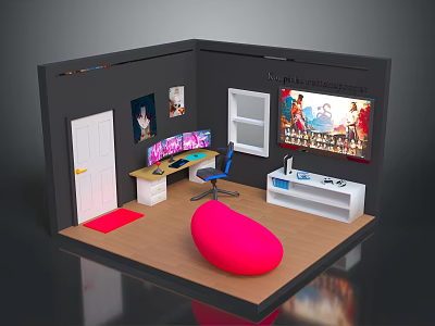 Modern Room Interior With Computer Desk Multiple Monitors Blue Chair And Pink Bean Bag 3d model