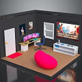 Modern Room Interior With Computer Desk Multiple Monitors Blue Chair And Pink Bean Bag