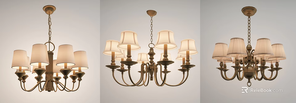 Elegant Vintage Brass Chandelier With Multiple Fabric Shades And Multi Arm Design 3d model 