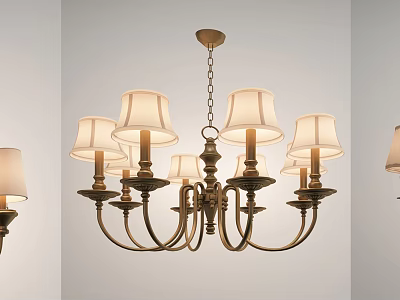 Elegant Vintage Brass Chandelier With Multiple Fabric Shades And Multi Arm Design 3d model