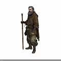 The Elderly Man With Gray Beard Wearing Brown Robe And Tattered Pants Holding Wooden Staff