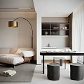 Warm Minimalist Modern Living And Dining Room With Plush Sofa And Marble Coffee Tables