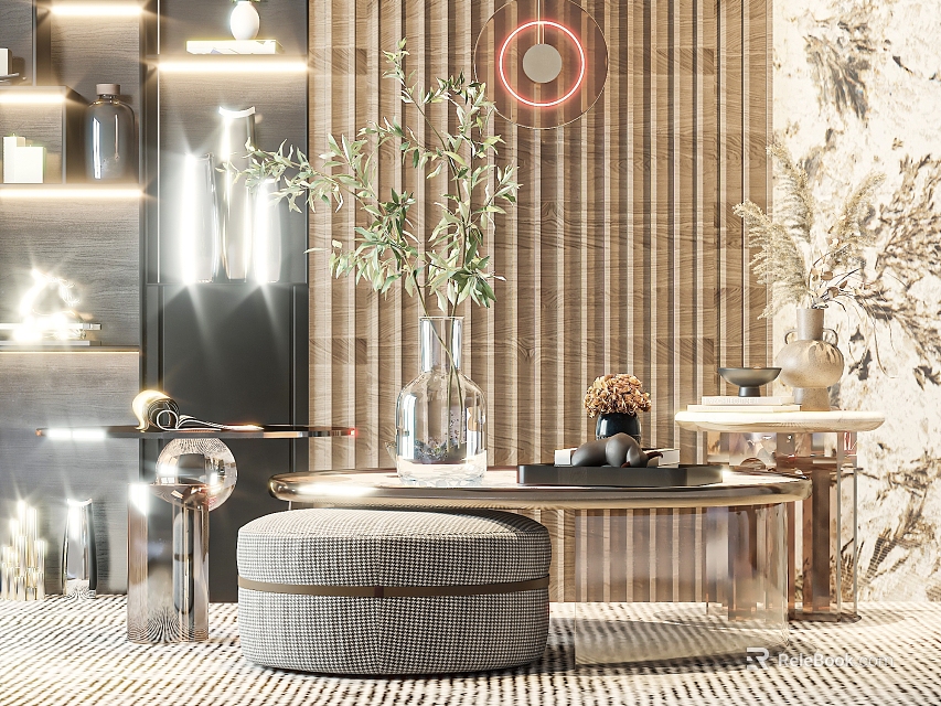 Modern Metal Frame Coffee Table With Glass Top Green Plant And Decorative Items 3d model 